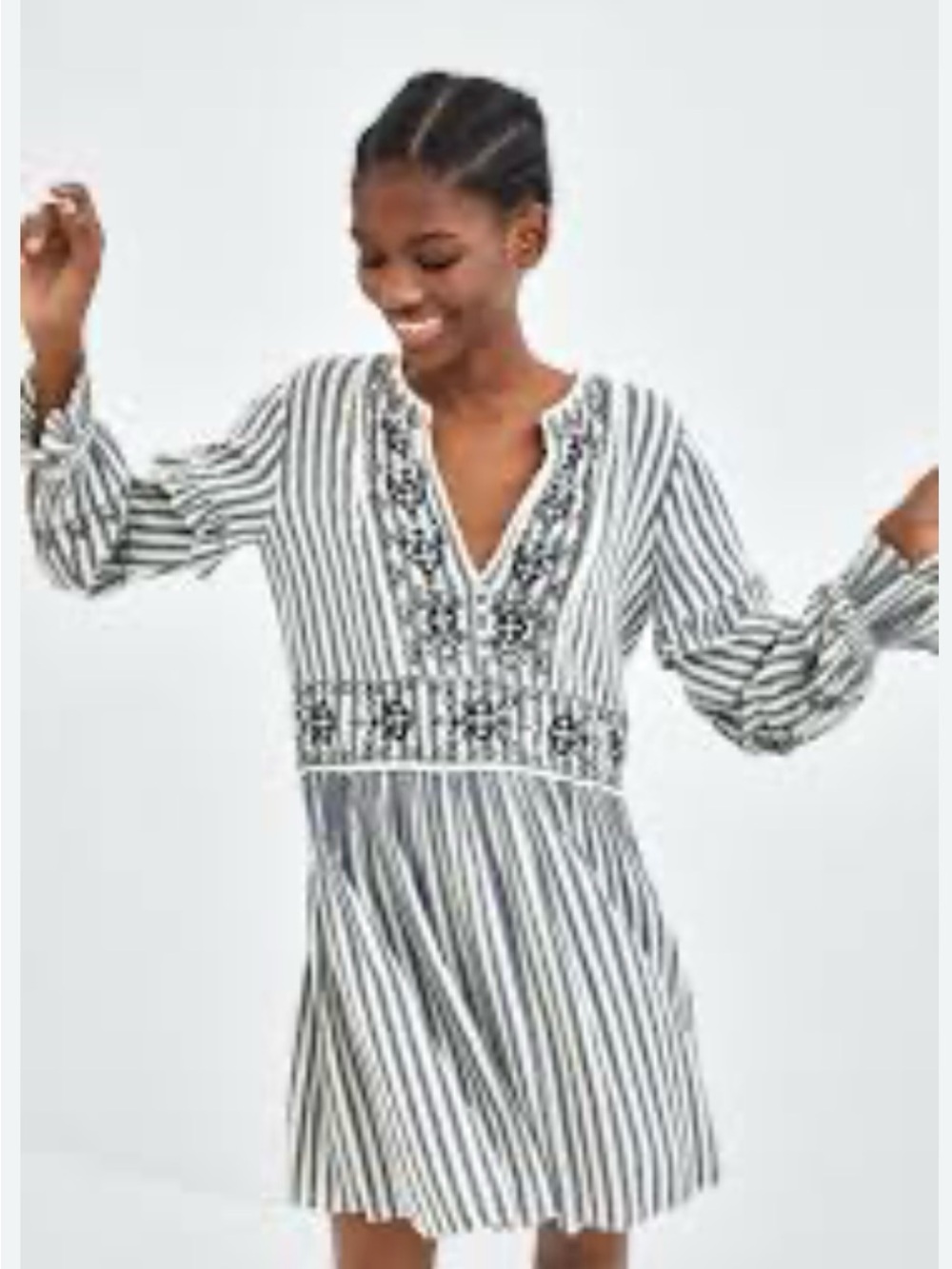 Zara Blueish Grey and White Striped Embroidered Mini Dress - Size Small